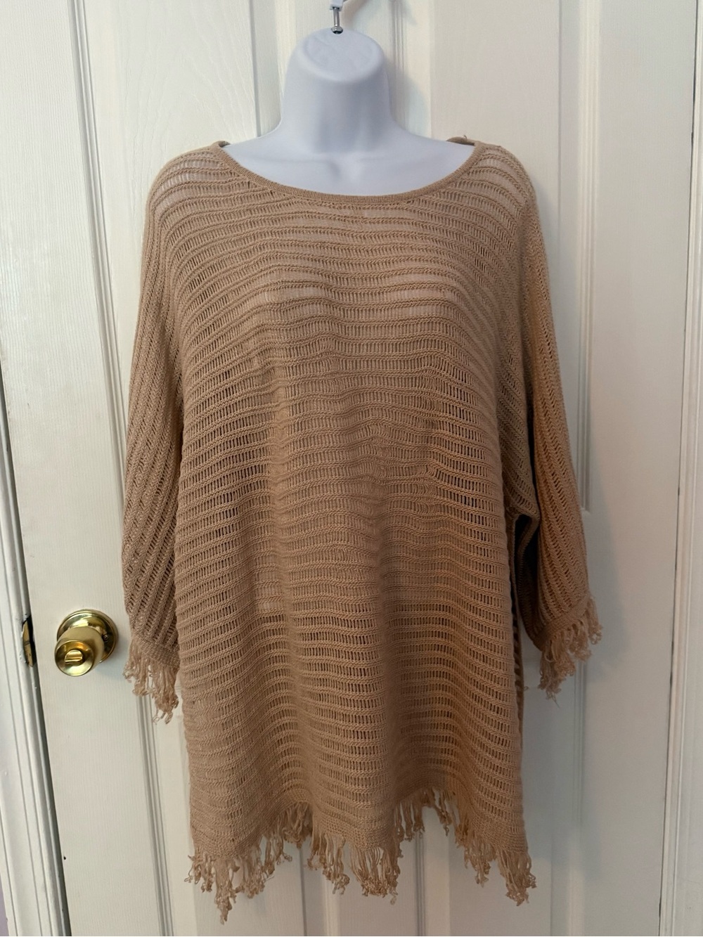 Mystree Beige Fringe Knit Poncho Sweater